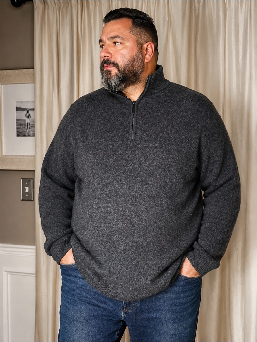3XL Men's Quarter Zip-Neck Cashmere Sweater in Charcoal